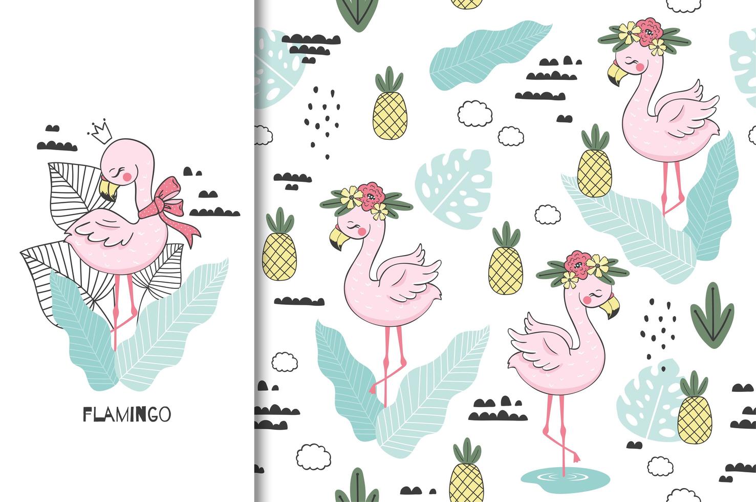 Cute flamingo princess with crown seamless pattern vector