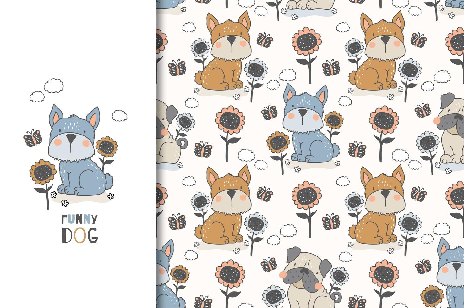 Dog and flowers design and seamless pattern  vector