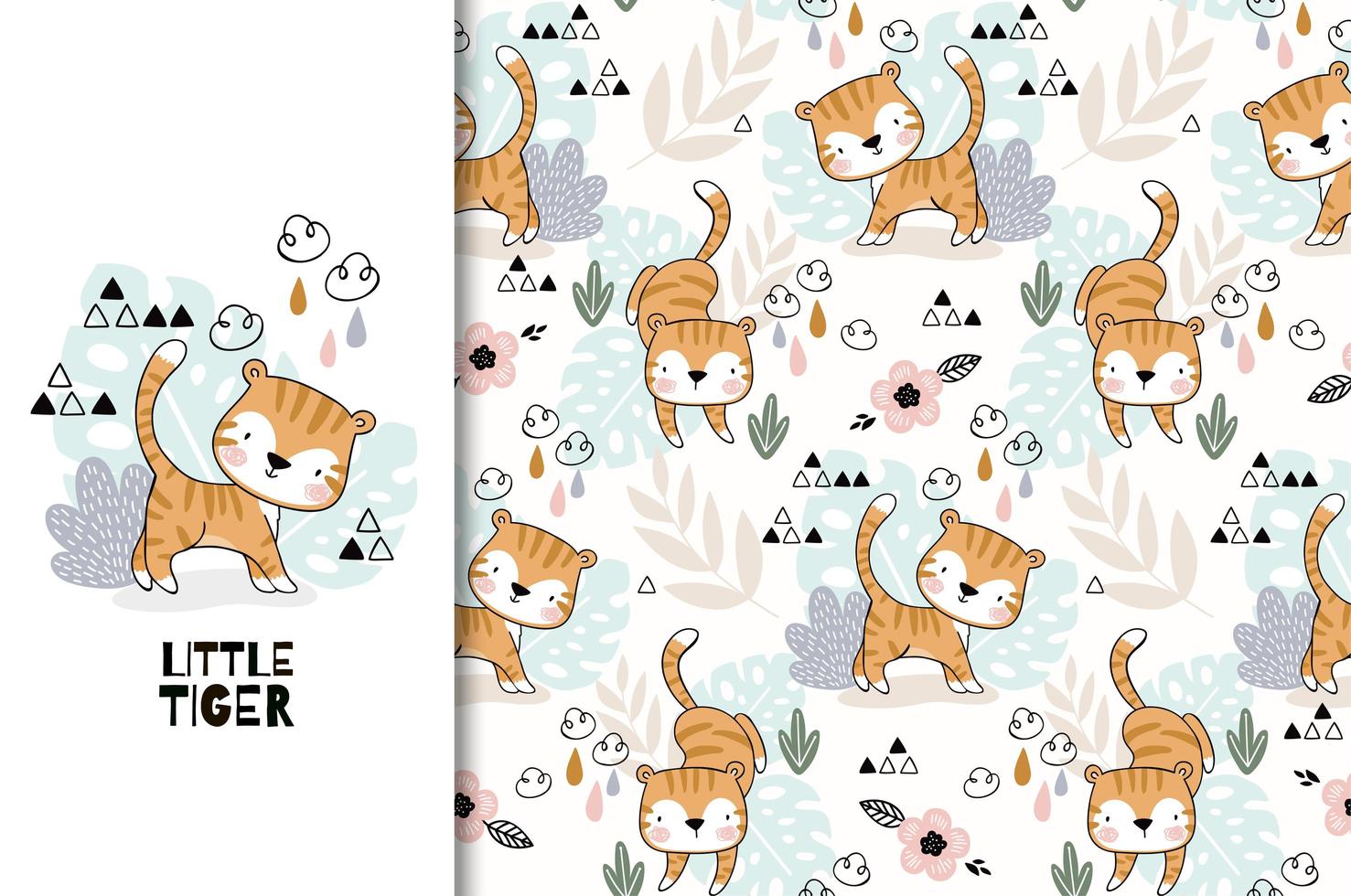 Little tiger cartoon design and seamless pattern vector