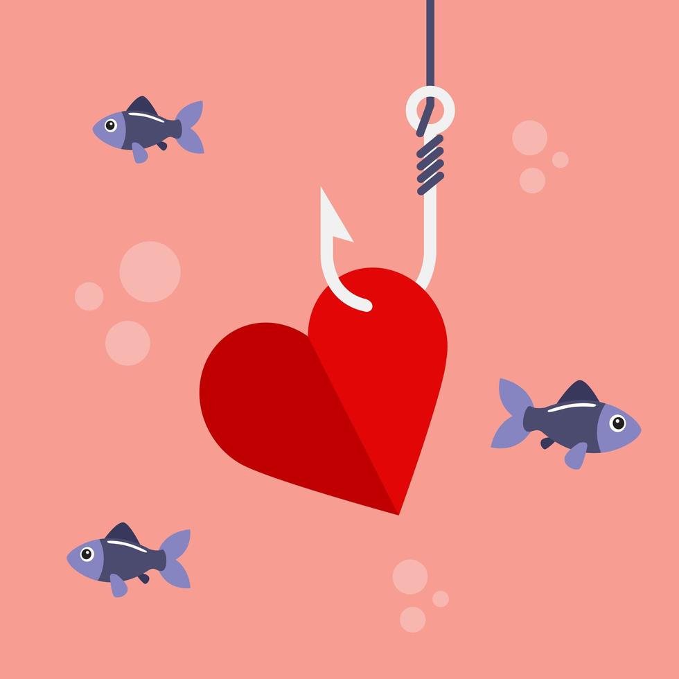 corazón en anzuelo con pescado vector