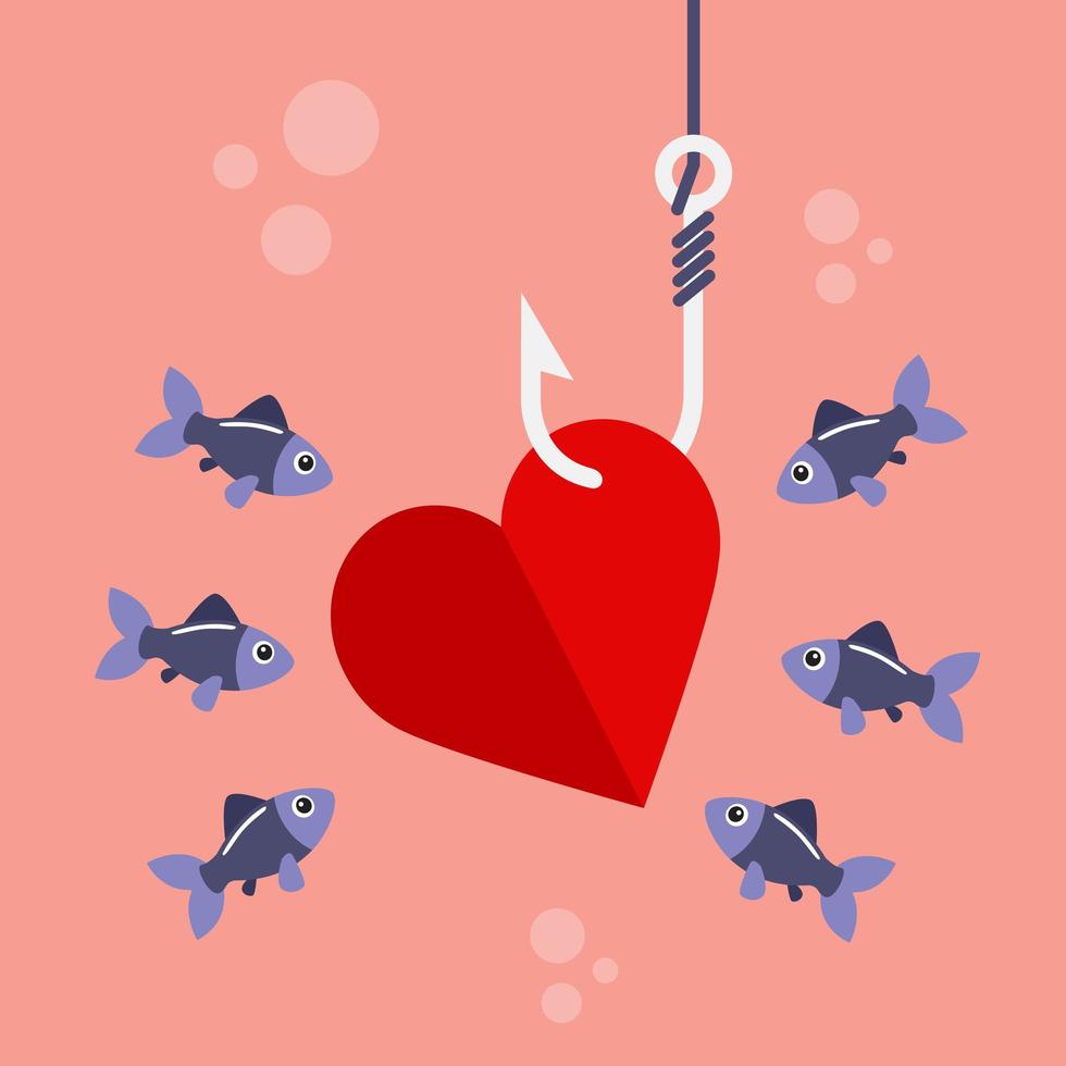 Heart on fishing hook surrounded by fish vector