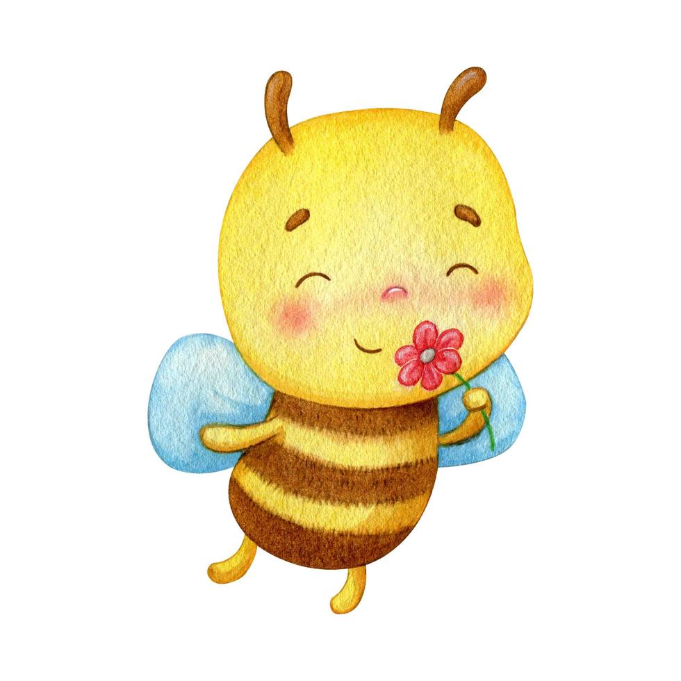 Watercolor bee smelling a flower vector