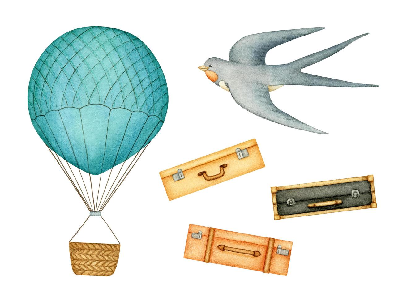 Travelling set with hot air balloon, baggage and swallow vector