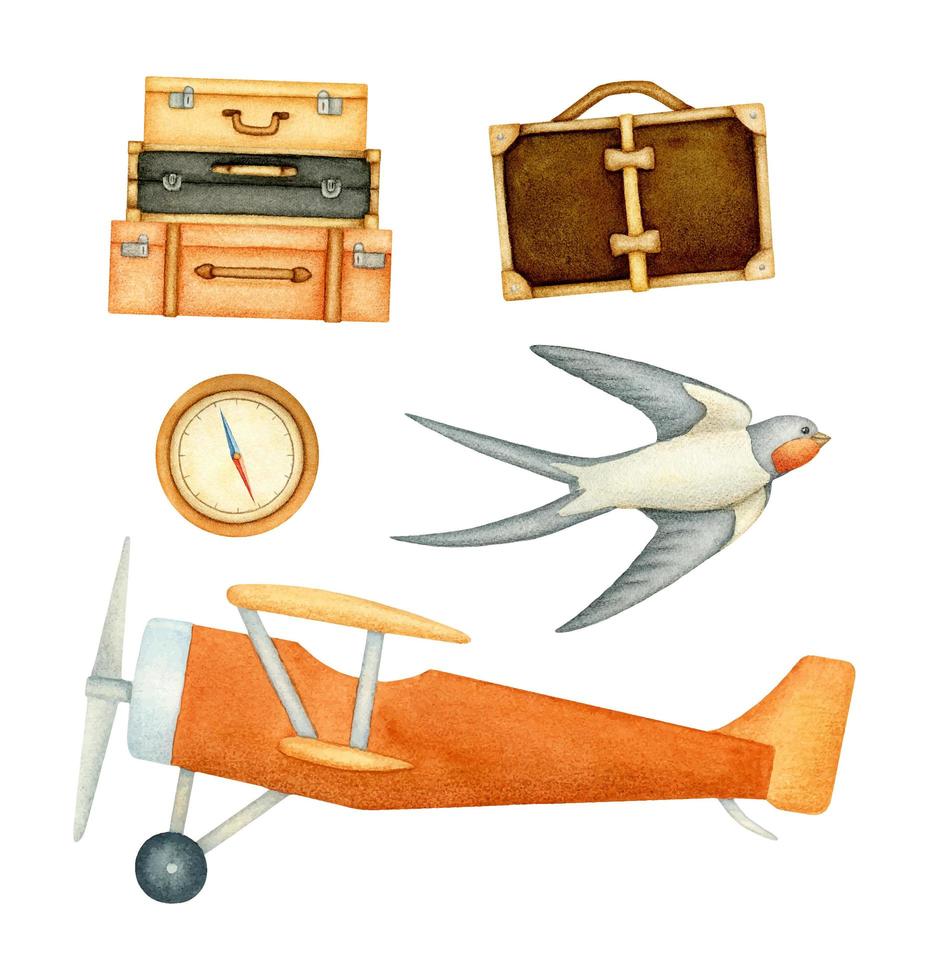 Travelling set with airplane, compass, baggage and swallow vector