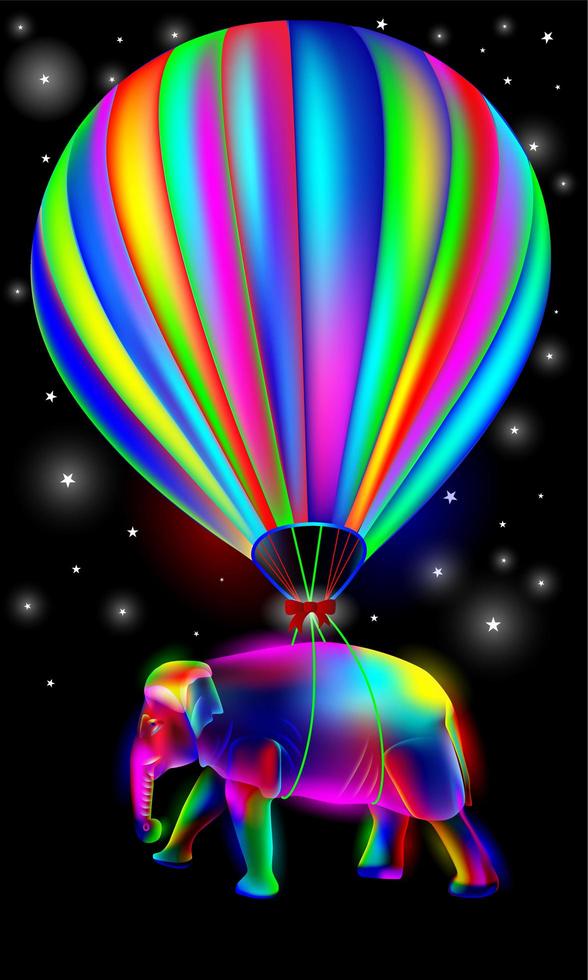 Vibrant, glowing, neon, colorful hot air balloon with elephant  vector