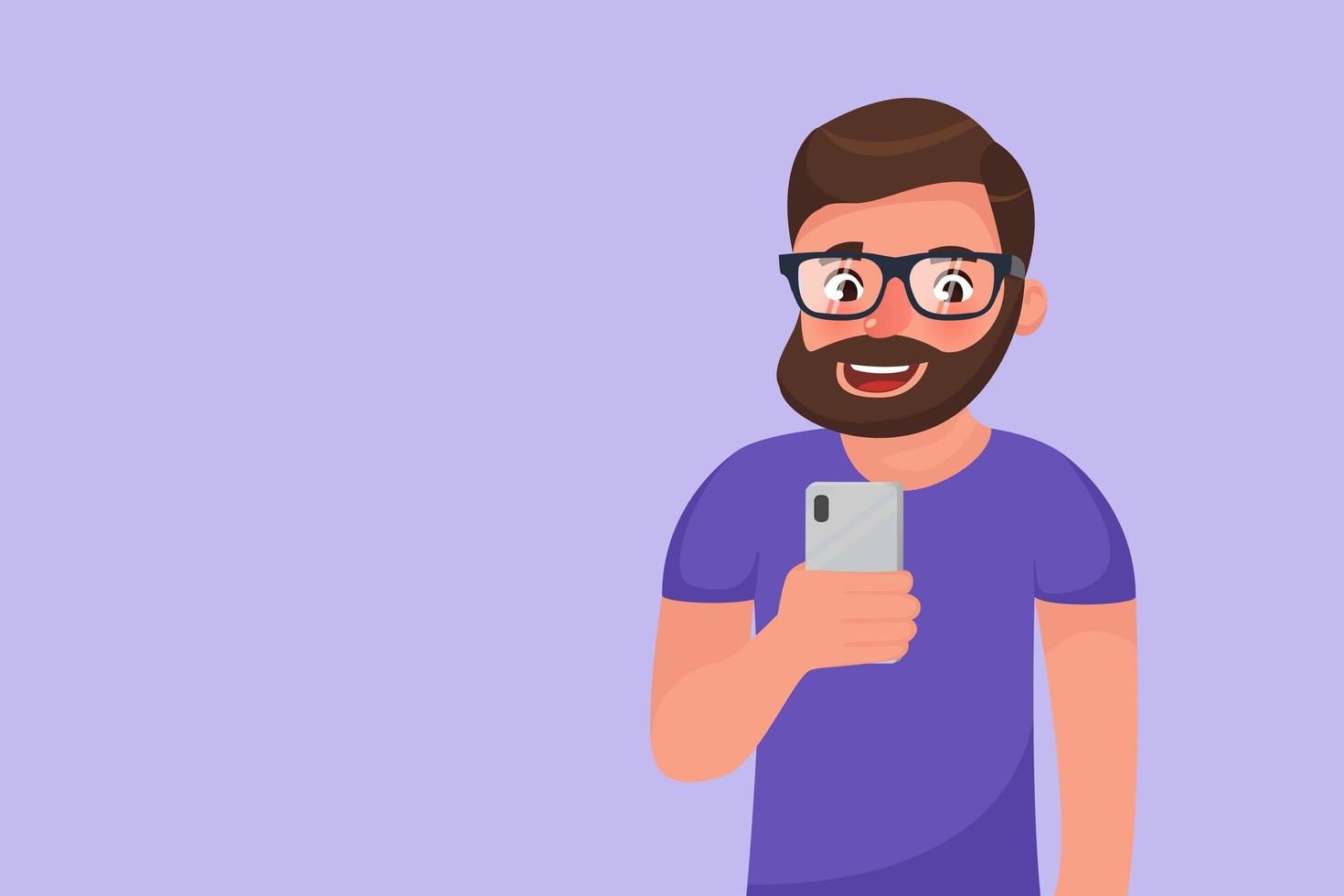 Bearde personaje de dibujos animados de navegación en redes sociales usando su teléfono vector