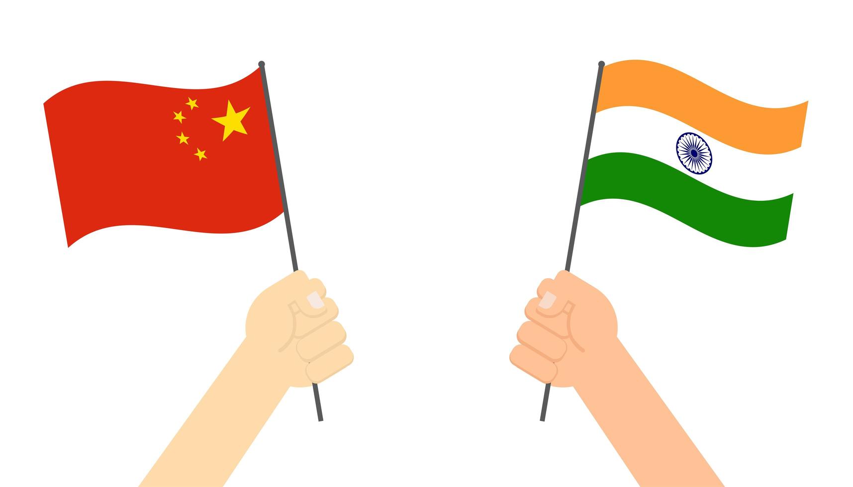 manos sosteniendo banderas de india y china vector