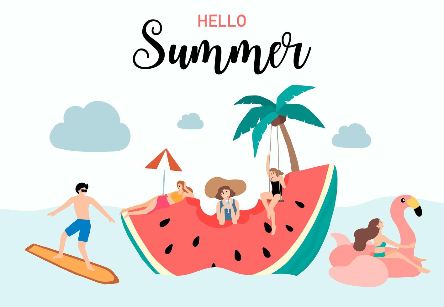 Summer design with people on floating watermelon slice vector