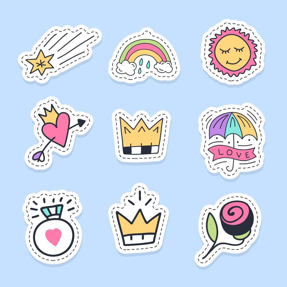 Set of cute doodle and love stickers vector