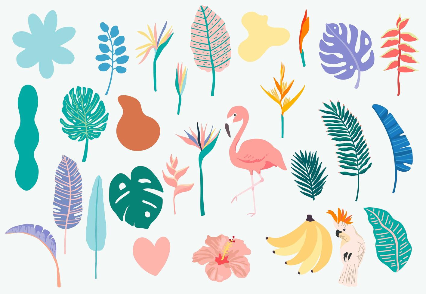 Summer objects including flamingo, banana, parrot and flower vector