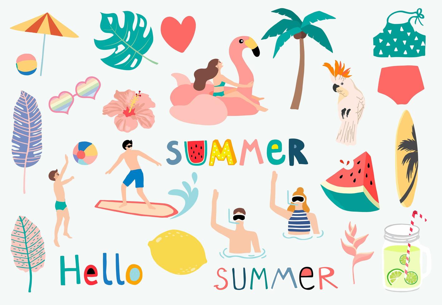 objetos de verano como sandía, limón, flotador y tabla de surf vector