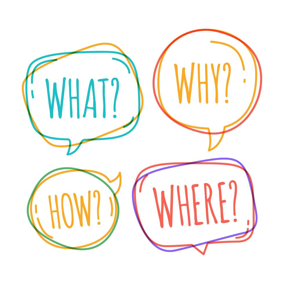 Doodle speech bubbles with why, what, how, where vector