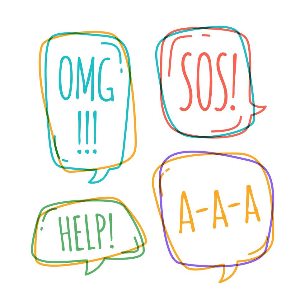 Doodle speech bubbles with omg, help, sos, a-a-a vector