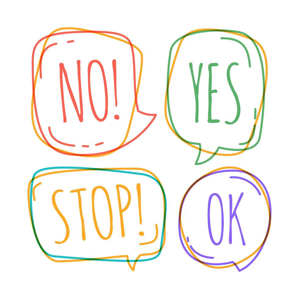 Doodle speech bubbles with no, stop, ok, yes vector