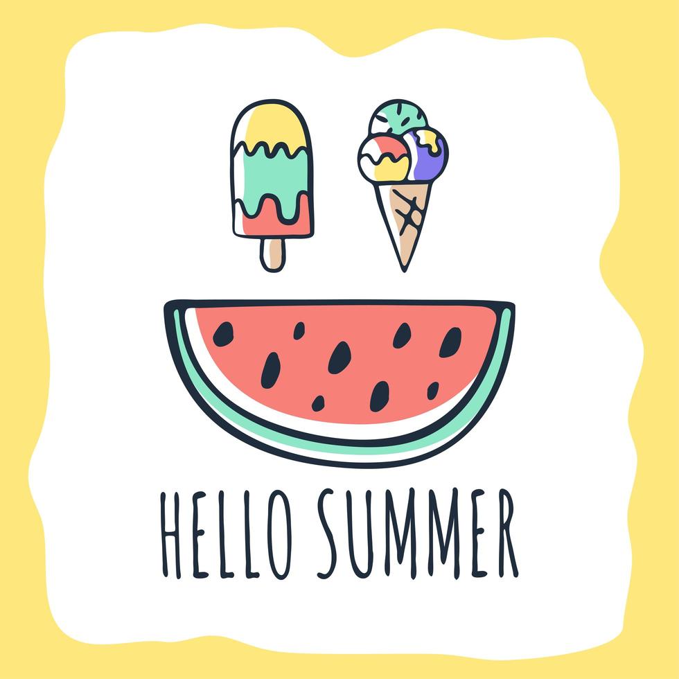 Hand drawn watermelon, ice cream and hello summer text vector