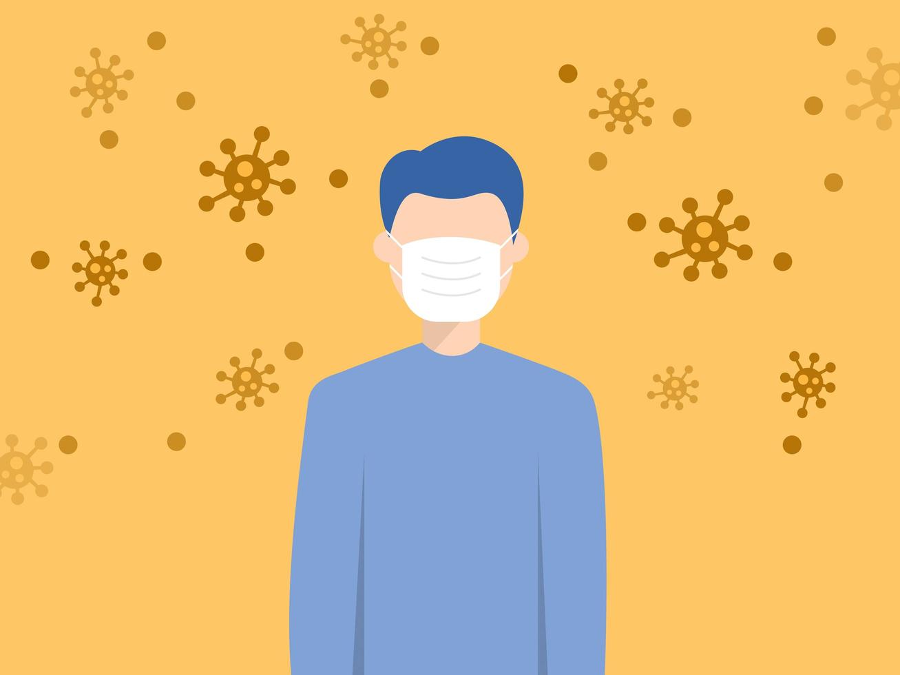 Closeup of masked man among virus cells vector