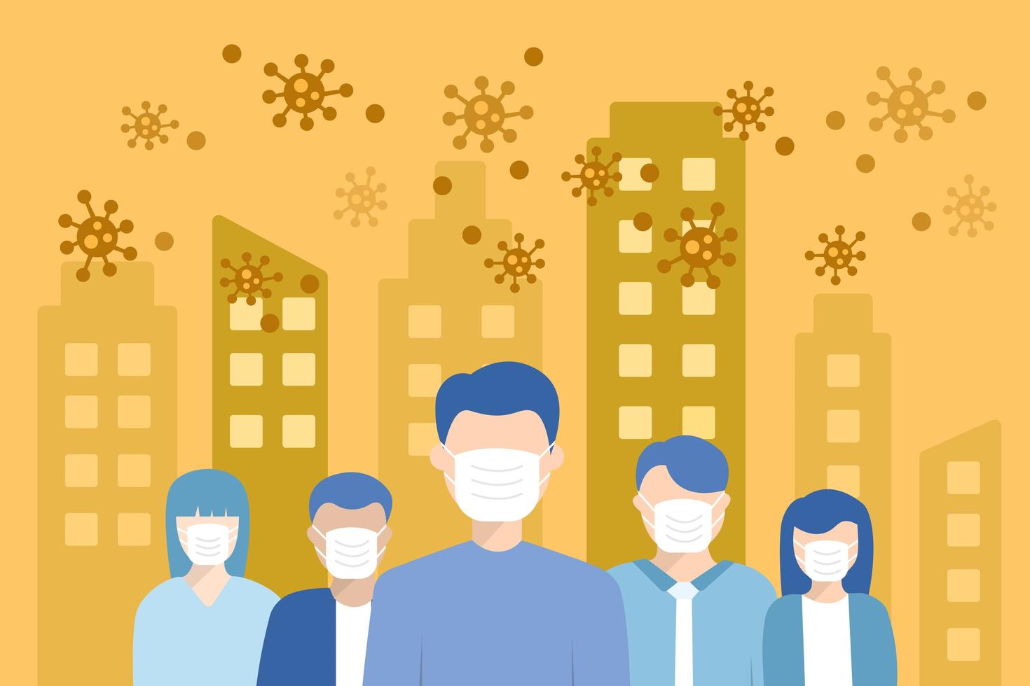 People wearing medical masks among viruses in city vector