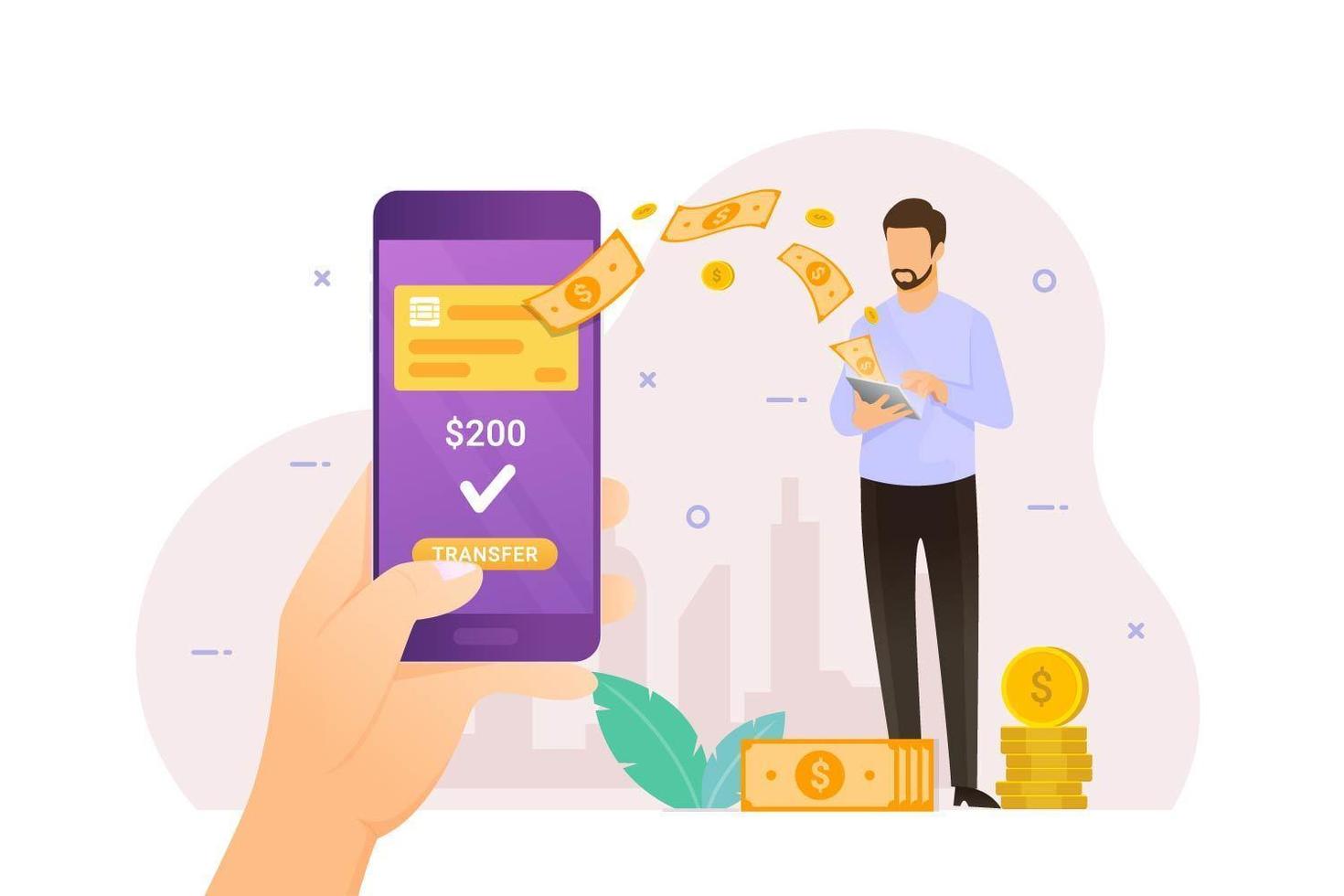 Hand holding phone receiving online money transfer vector