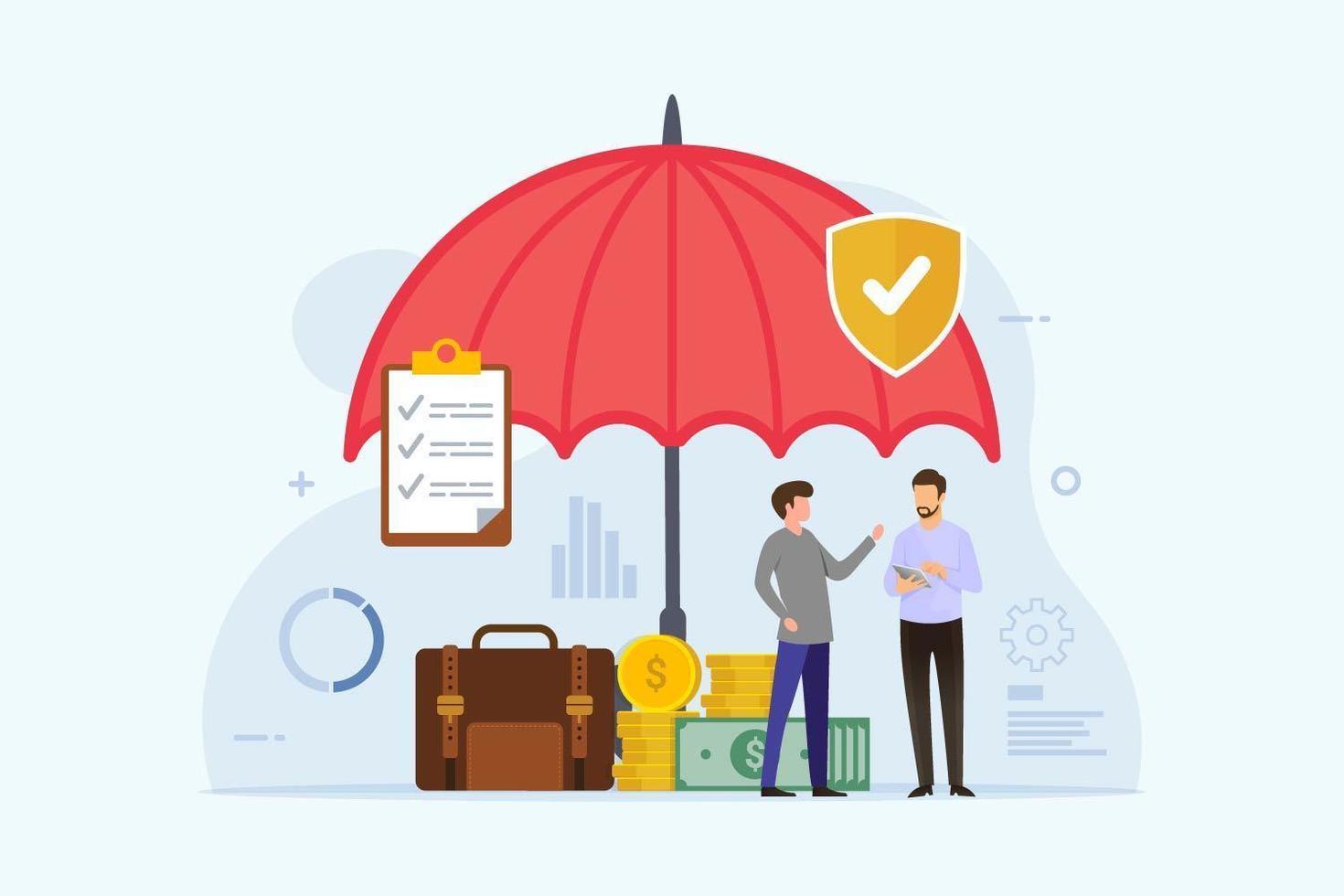 Business insurance concept with men under umbrella protection vector