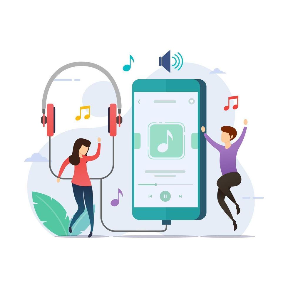 People listening and dancing to music player app vector