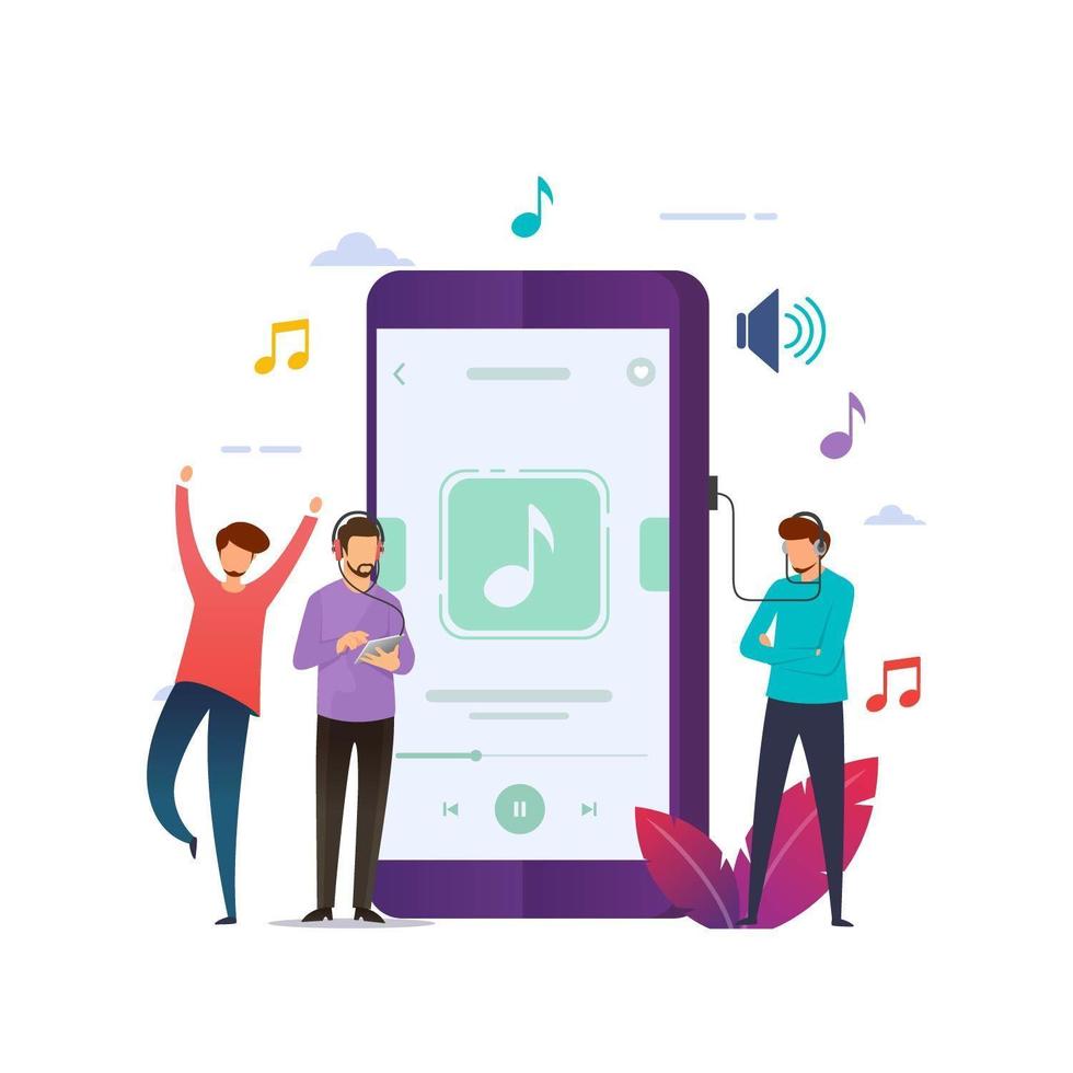 Tiny people listening to mobile music vector