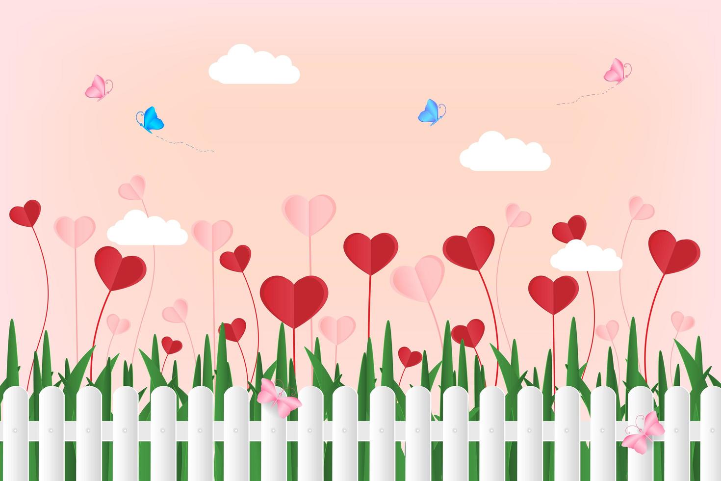 Butterfly flying over white fence with paper hearts vector