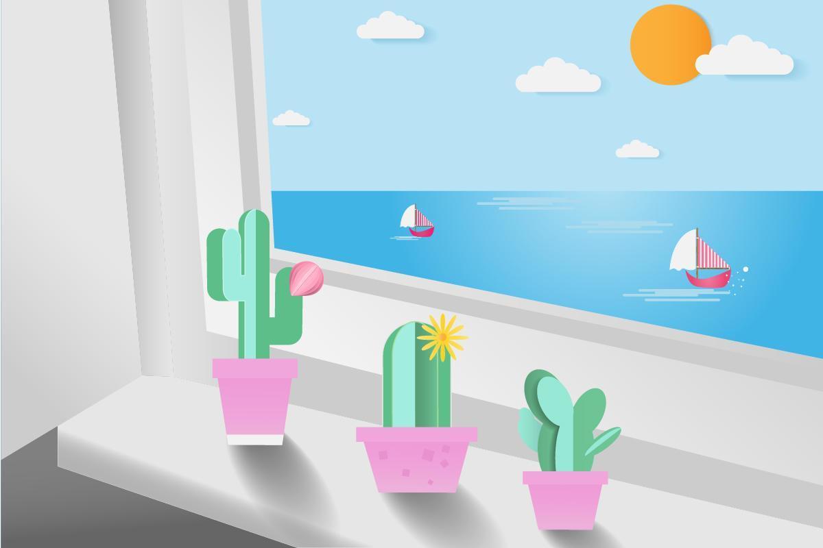 Cactus in the house with sea view vector