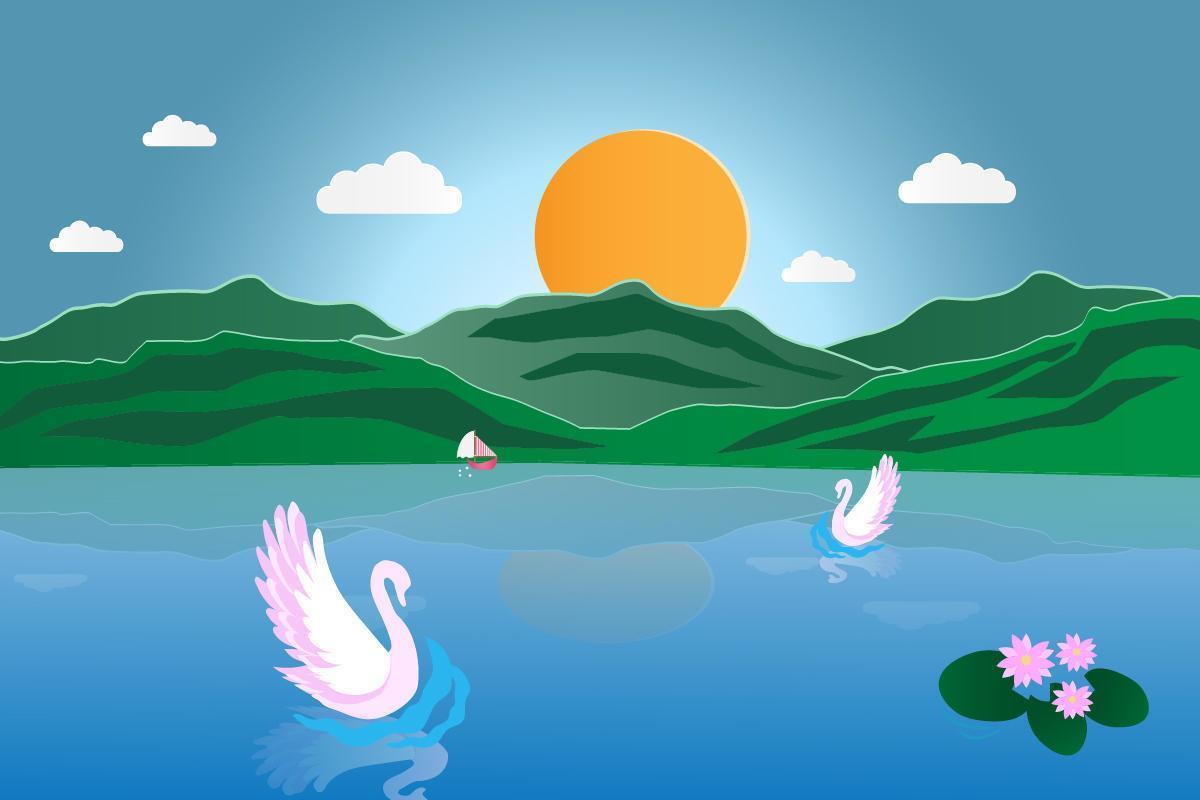 Swan in the river at sunrise vector
