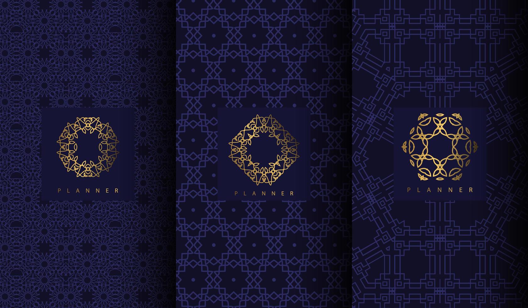Set of luxury blue patterns with geometric gold ornaments vector