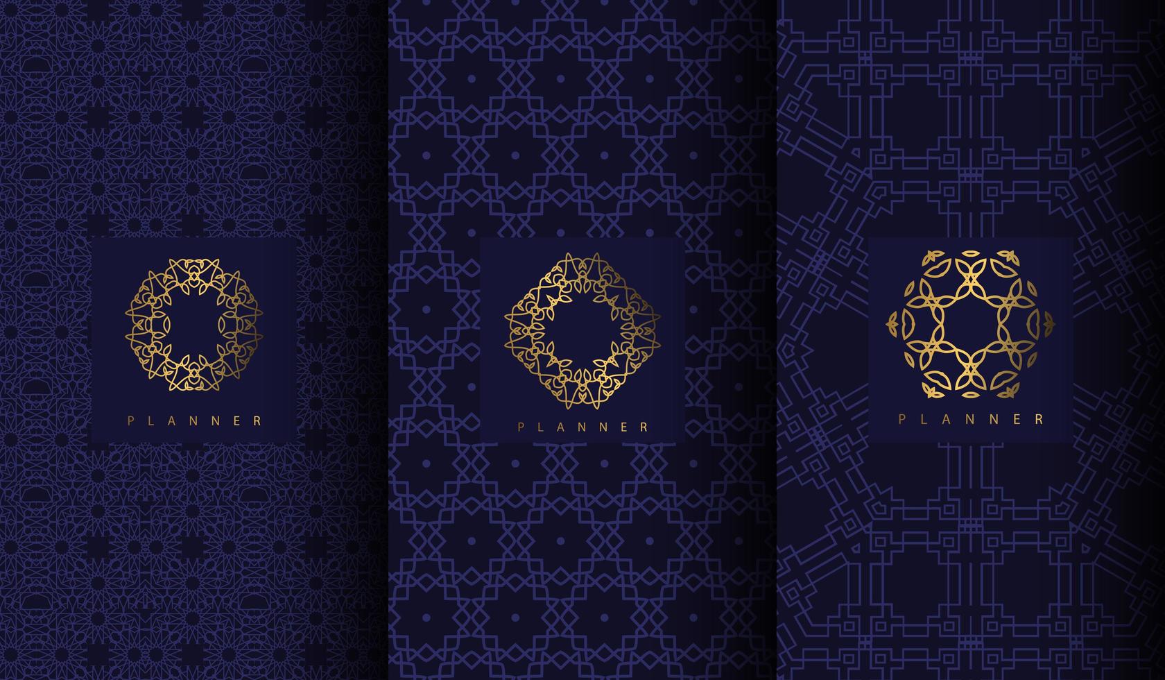 Set of luxury blue patterns with geometric gold ornaments vector