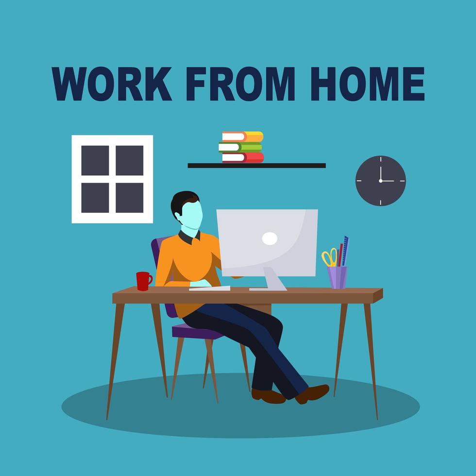 Man Working From Home On Computer vector