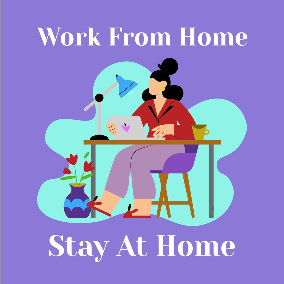 Woman Works From Home on Laptop vector