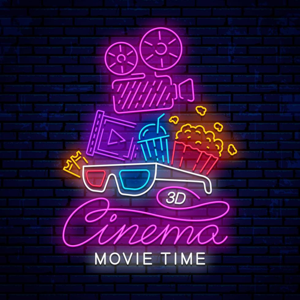 Bright neon cinema sign with movie camera vector