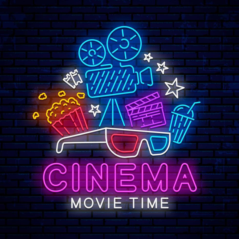 Bright neon cinema sign with 3D glasses vector
