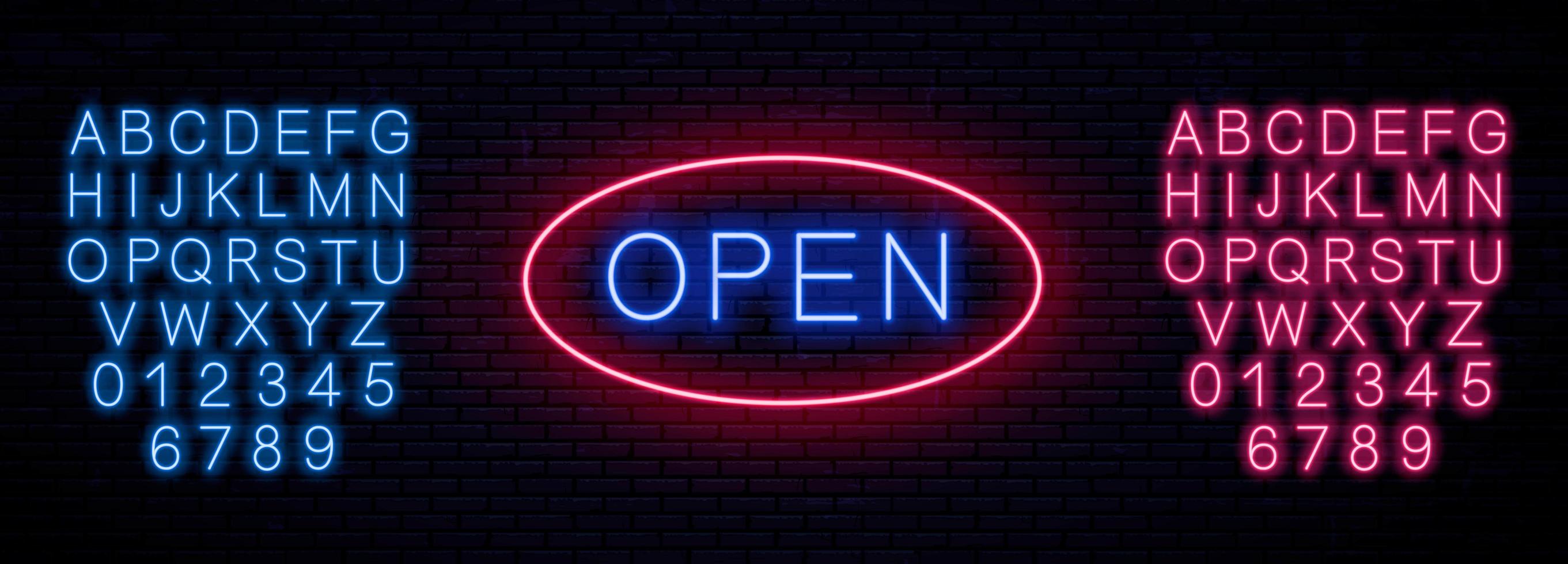 Neon signboard open and letters set vector