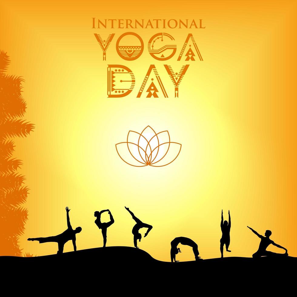 Cartel del día internacional del yoga con siluetas posando vector