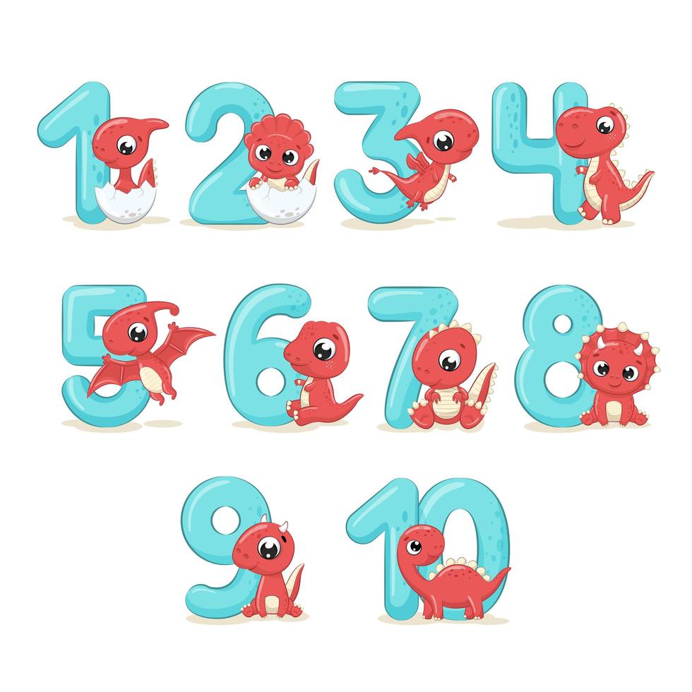 Set of color numbers with baby dinosaurs. vector