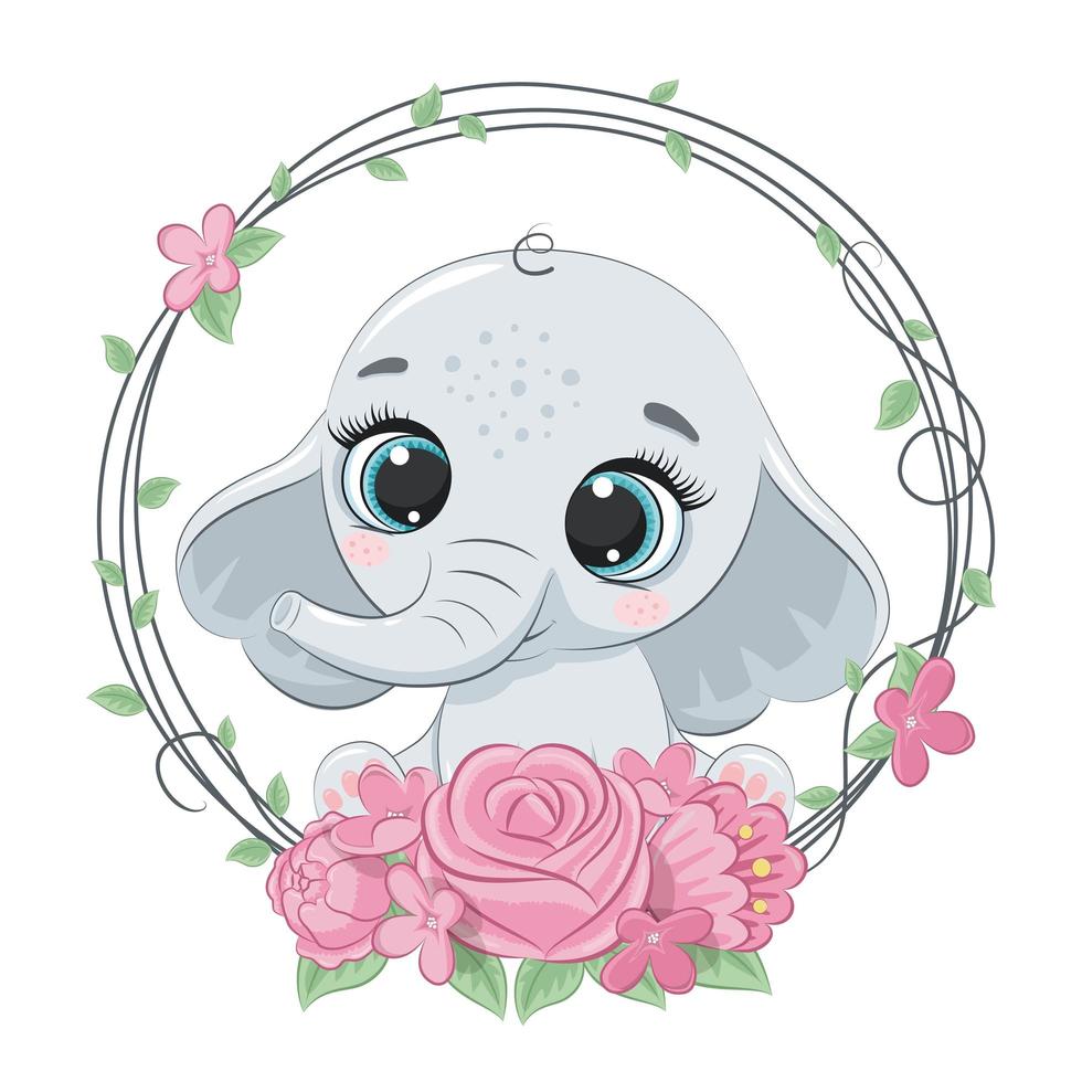 Lindo bebé elefante de verano con corona de flores. vector