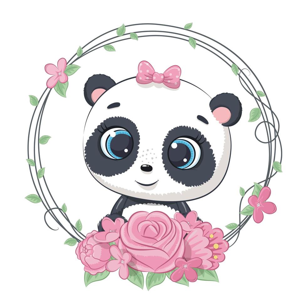 Lindo panda bebé de verano con corona de flores. vector