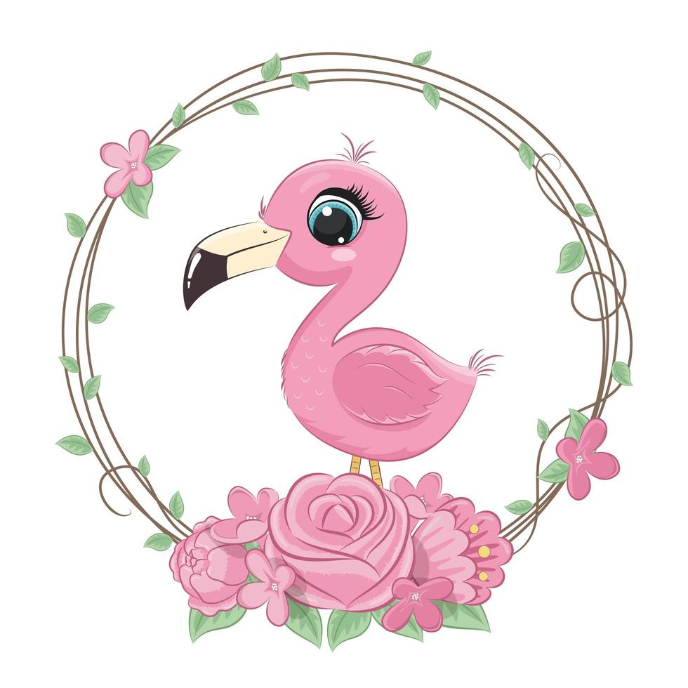 Cute summer baby flamingo with flower wreath vector