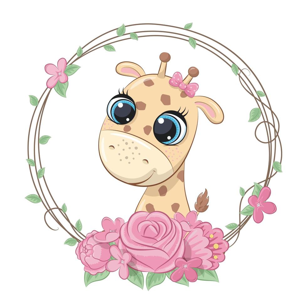 Cute summer baby giraffe with flower wreath vector