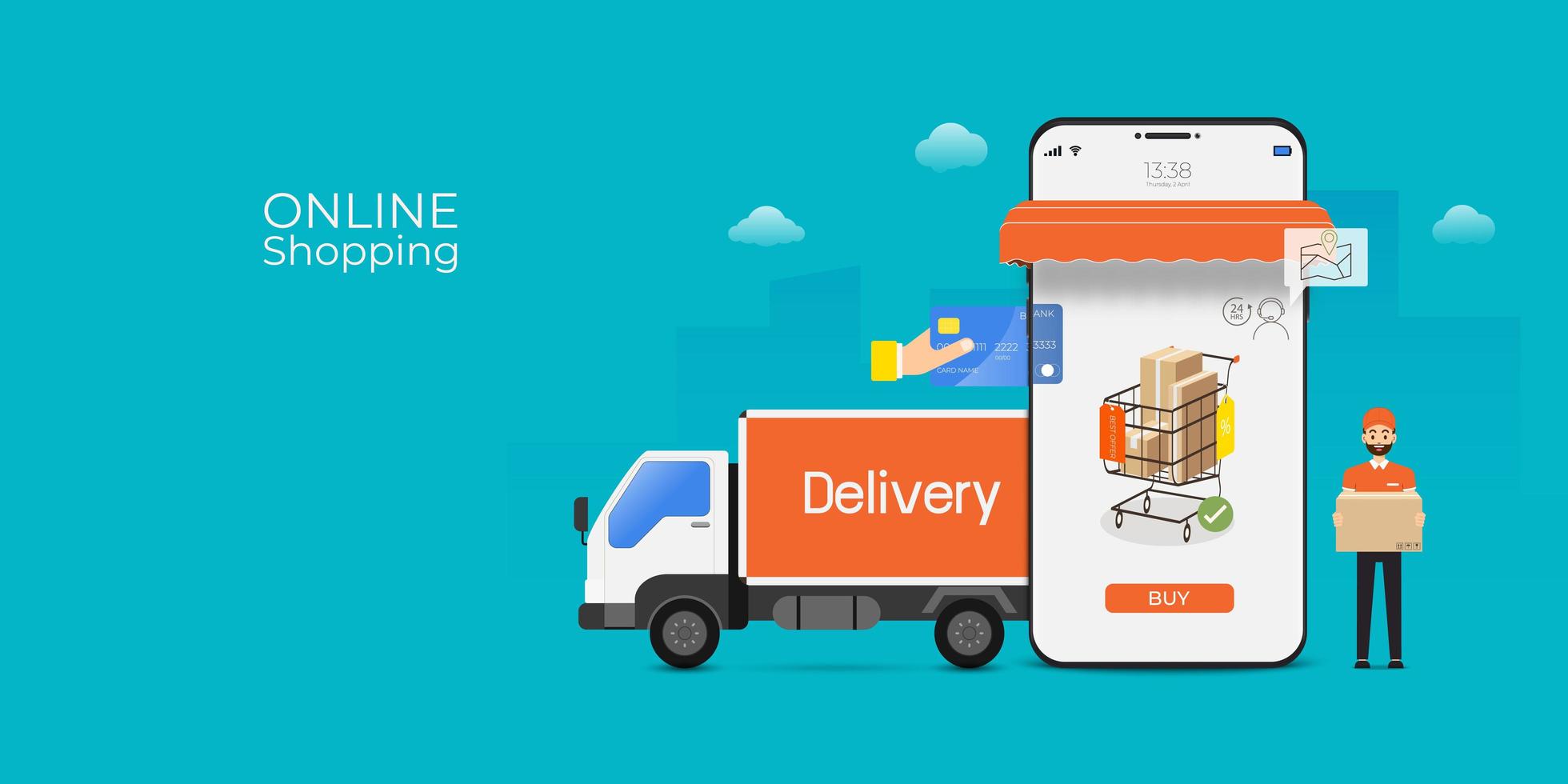 Online Shopping Mobile App with Truck and Delivery Man vector