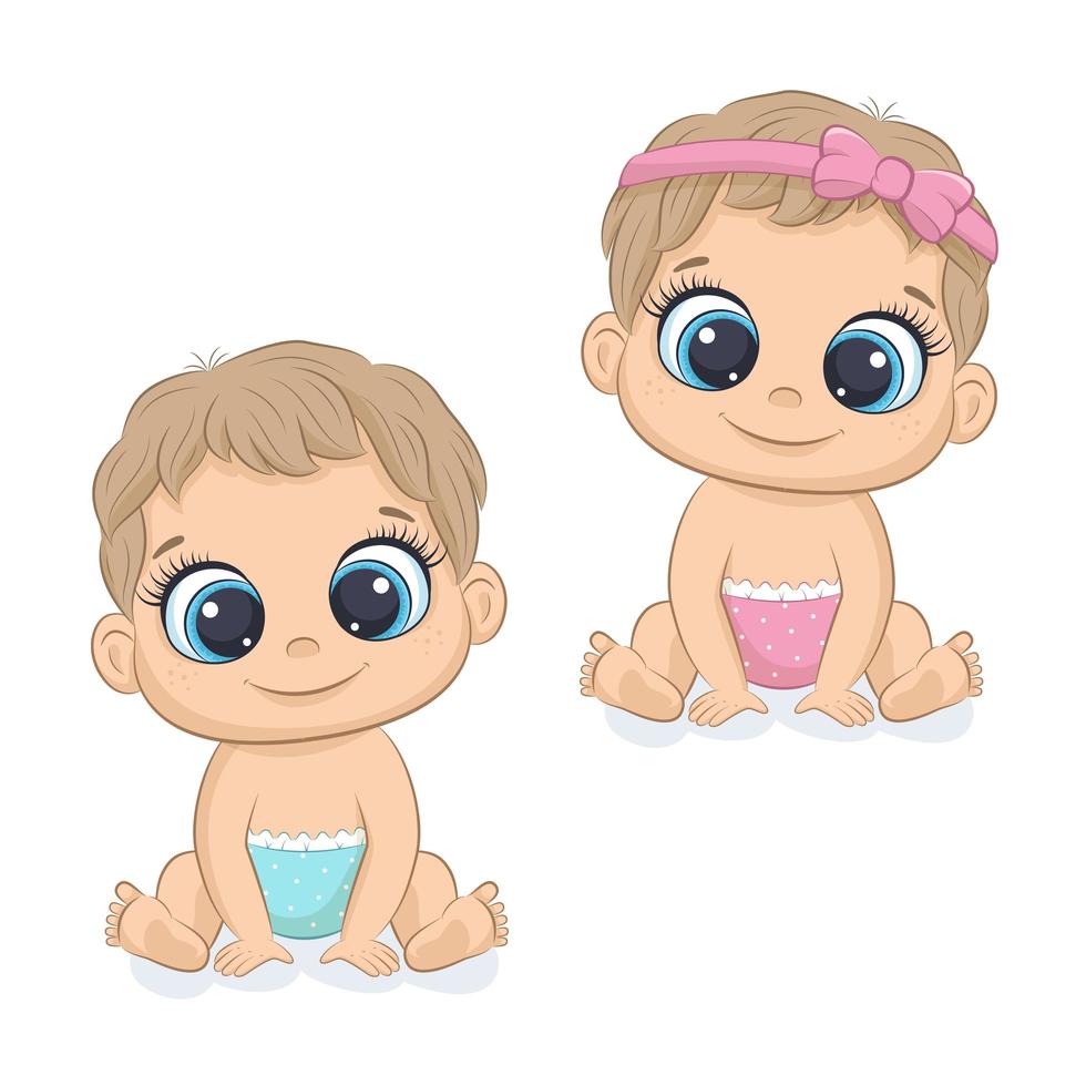 Cute baby girl and boy. vector