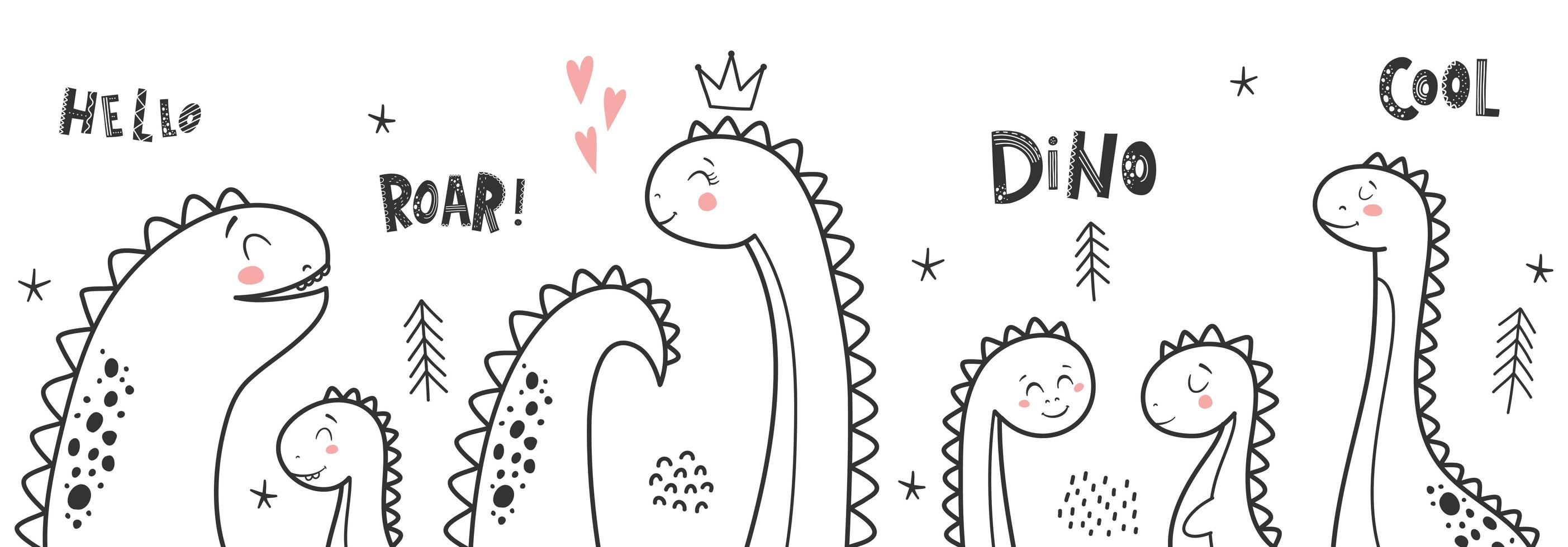 Baby print with Dino and phrase Dino Girl, Roar, Hello.  vector