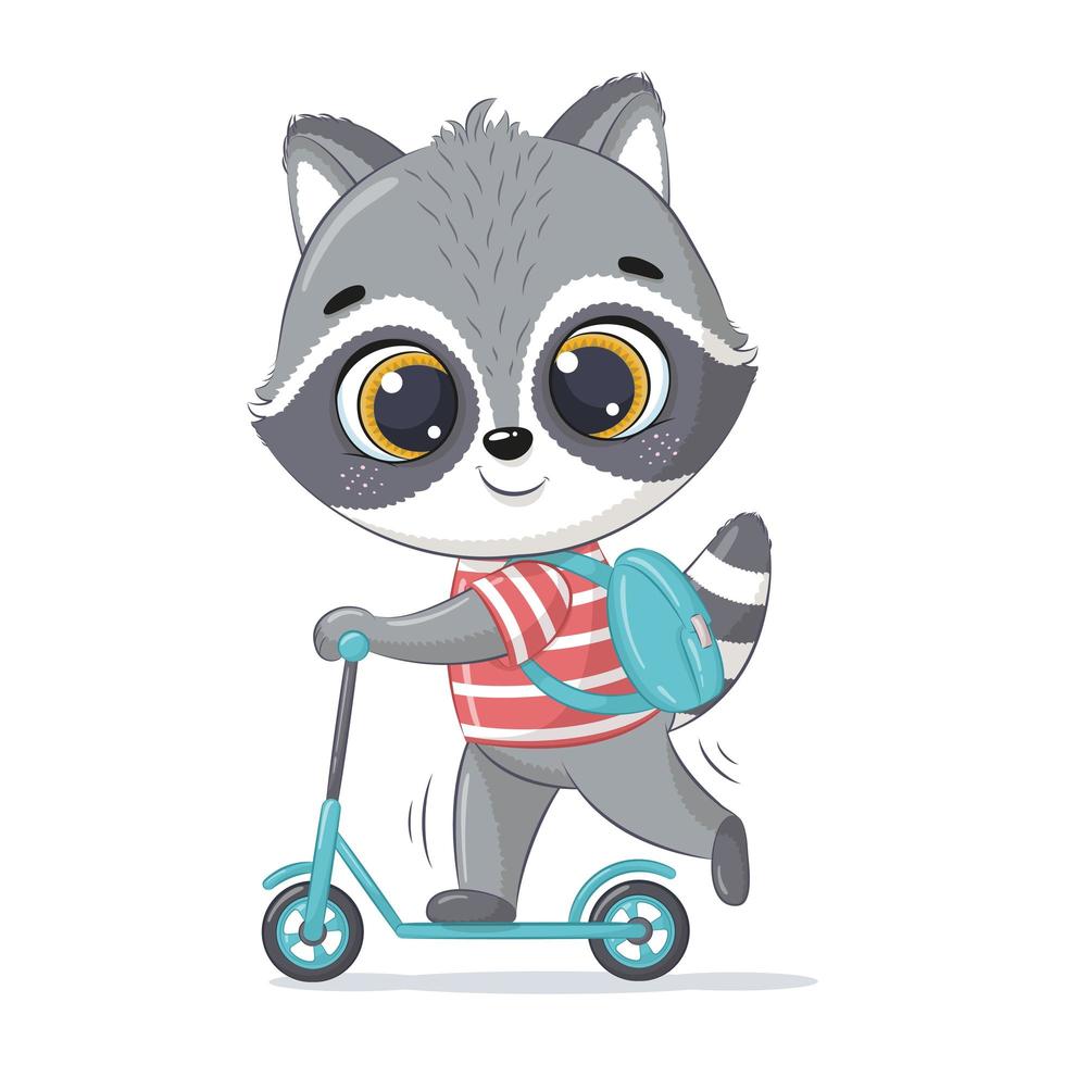 Cute baby raccoon on scooter  vector