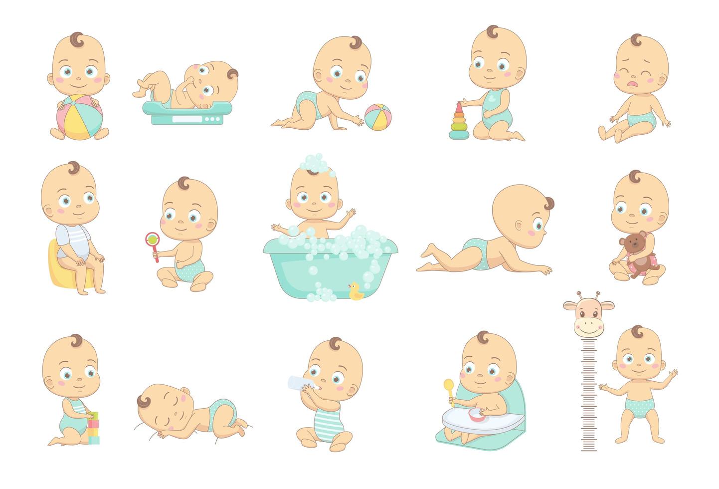 Adorable happy baby and his daily routine vector