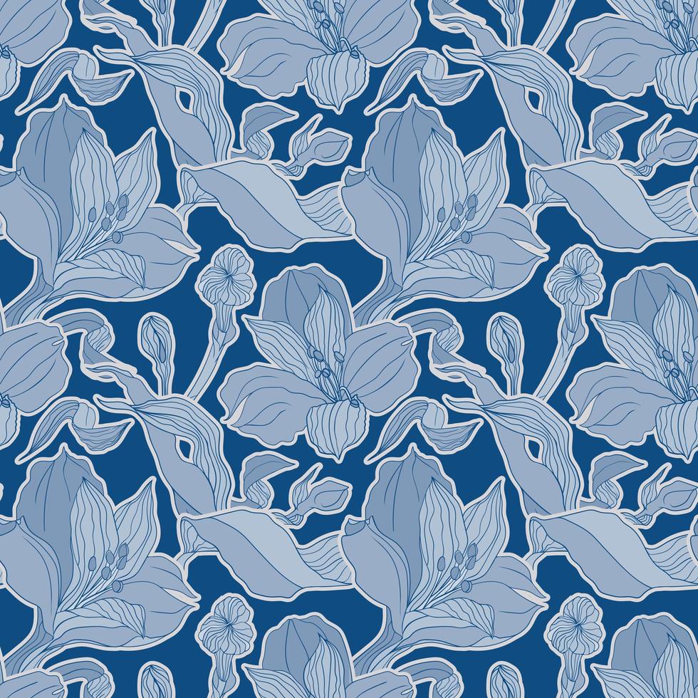 Dark blue seamless pattern with alstroemeria buds and flowers vector