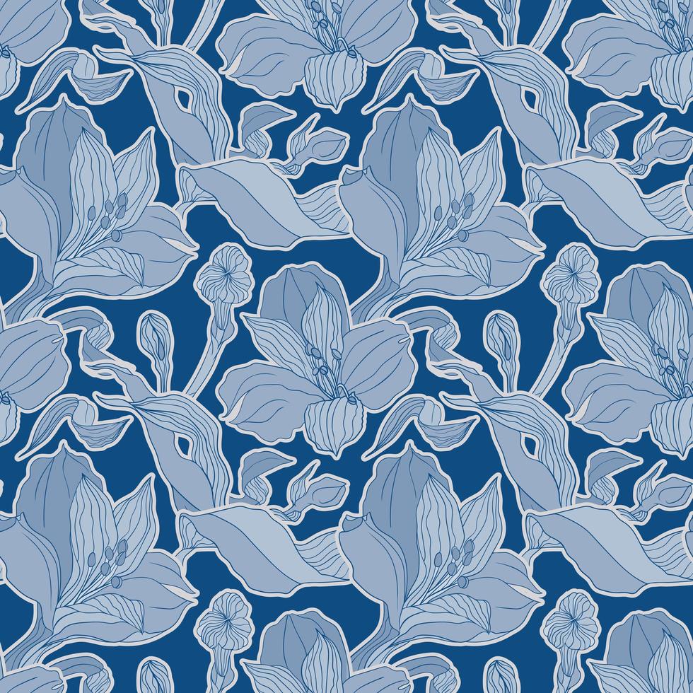 Dark blue seamless pattern with alstroemeria buds and flowers vector