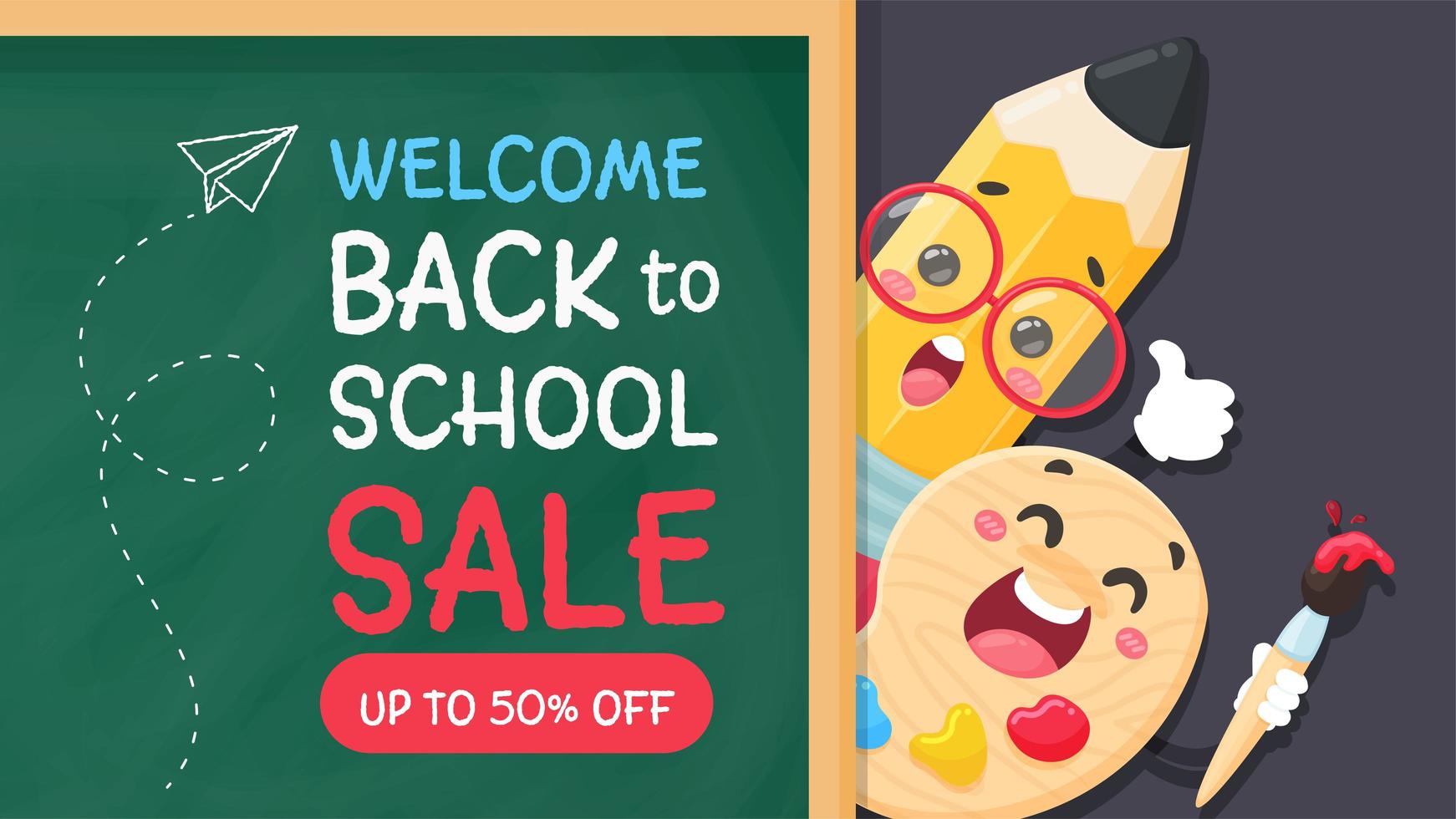 Pencil and palette write back to school on the blackboard. vector