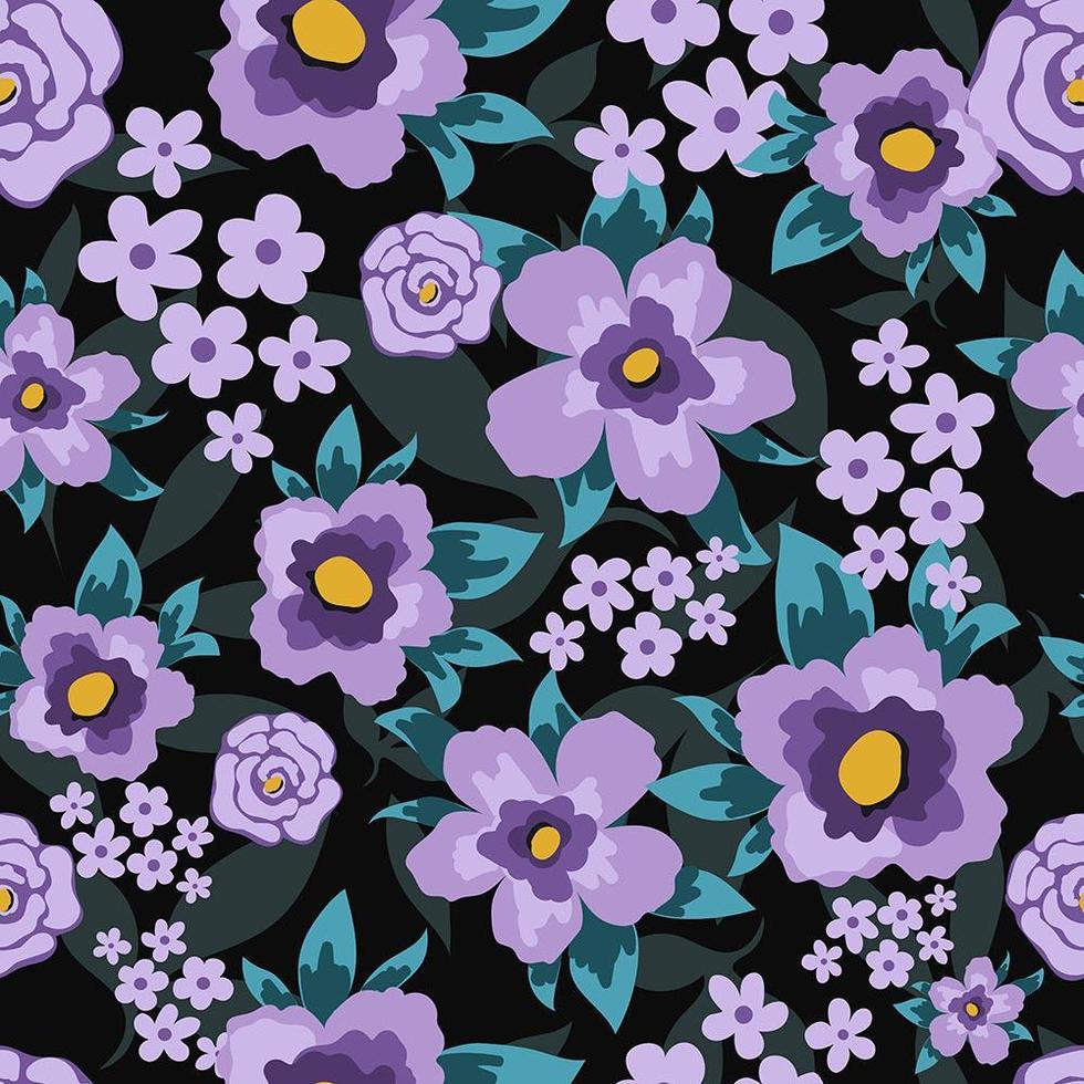 Floral Pattern with Flat Purple Flowers and Leaves vector